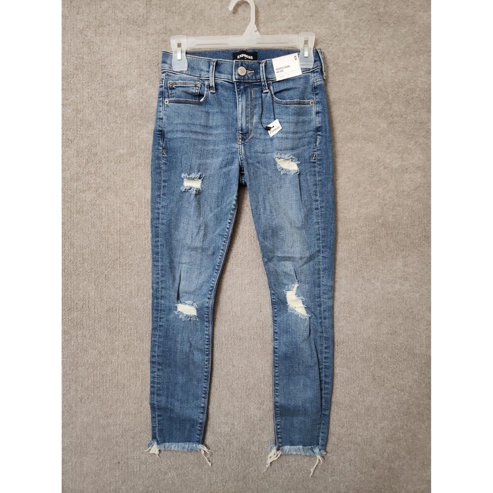 Express Cropped Legging Jeans Womens 0 Blue Raw Hem Distressed Stretch NEW